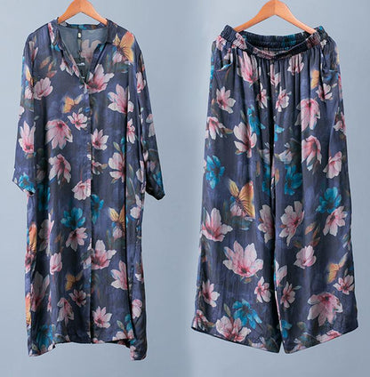Vintage Loose Shirt And Wide Leg Pants Suit