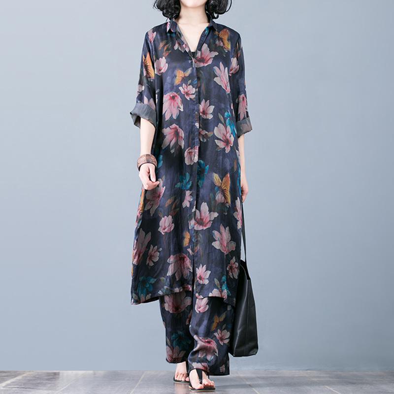 Vintage Loose Shirt And Wide Leg Pants Suit