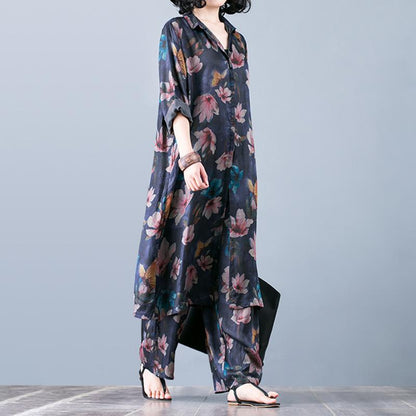 Vintage Loose Shirt And Wide Leg Pants Suit