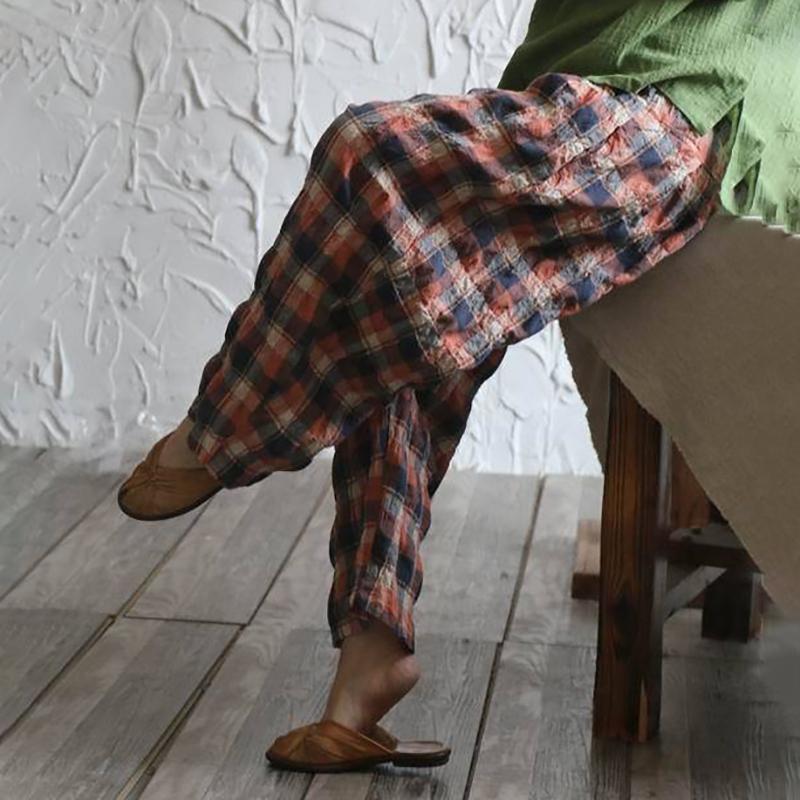 Vintage Plaid Loose Linen Wide Leg Pants