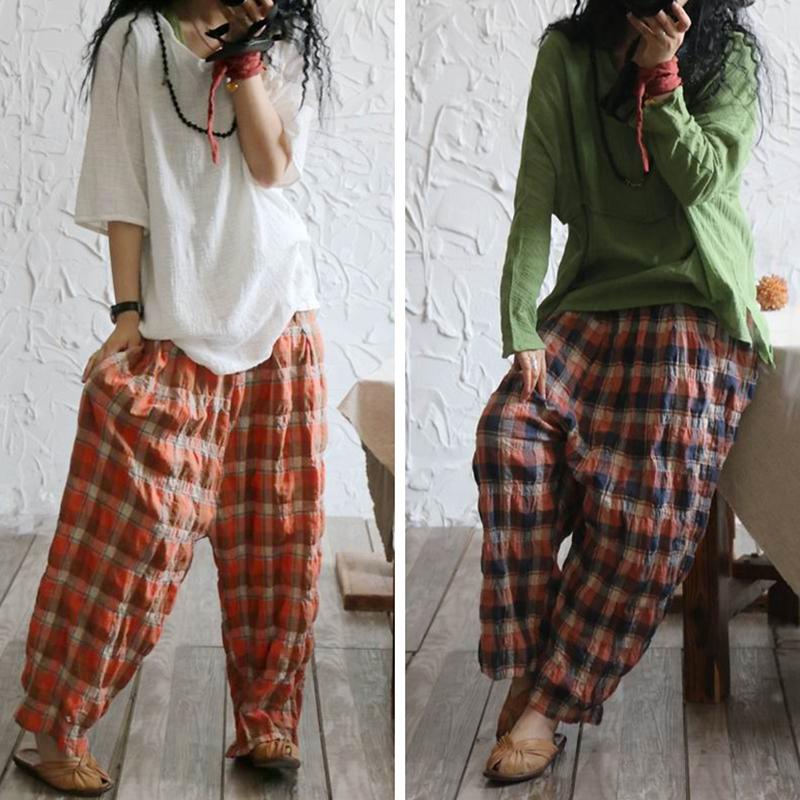 Vintage Plaid Loose Linen Wide Leg Pants