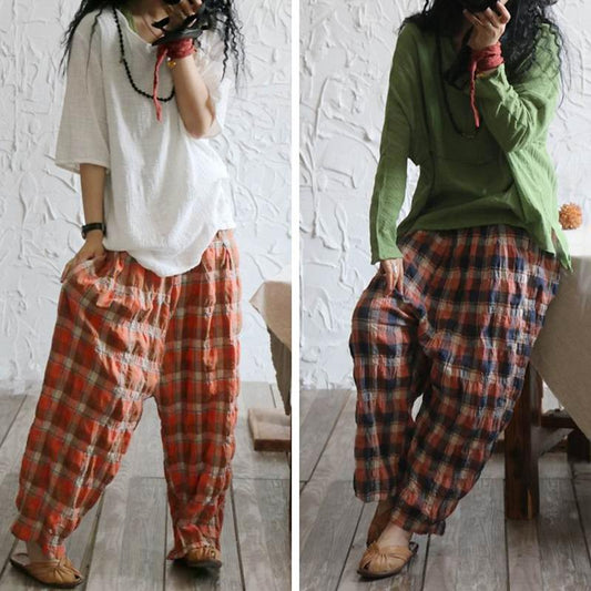Vintage Plaid Loose Linen Wide Leg Pants