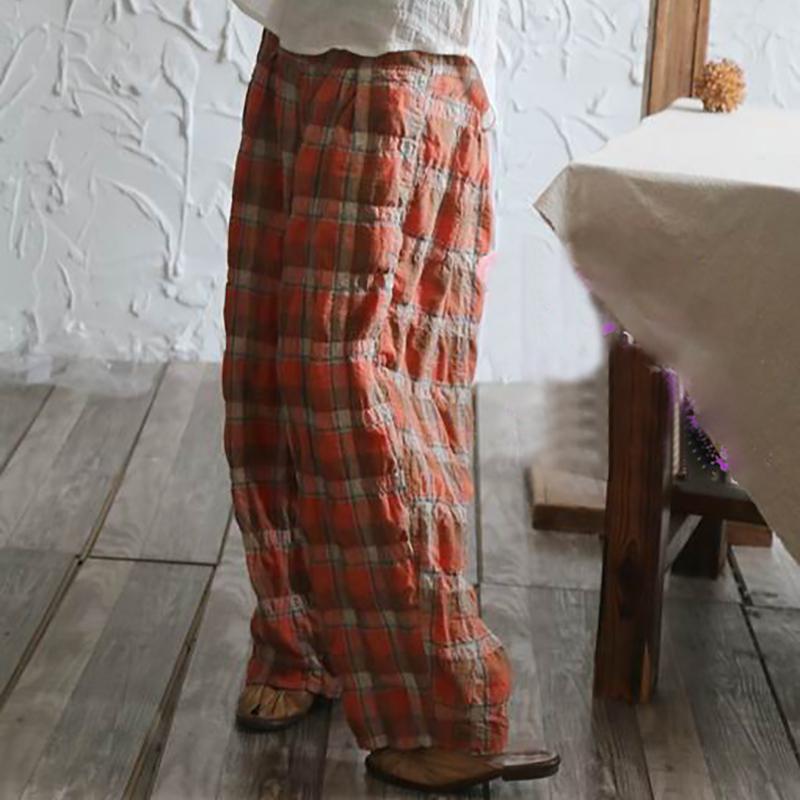 Vintage Plaid Loose Linen Wide Leg Pants