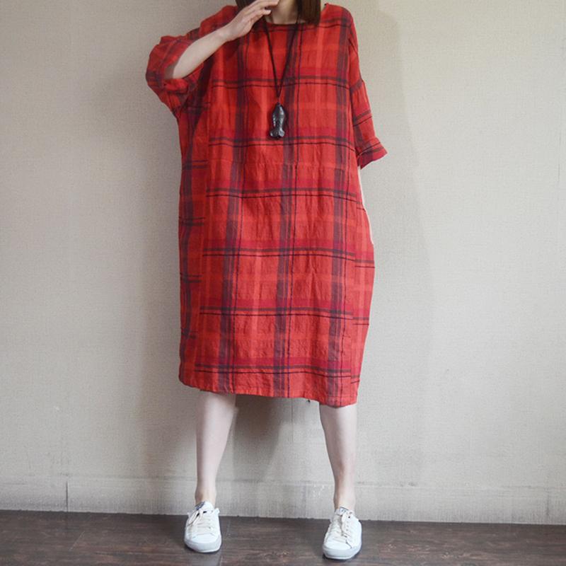 Vintage Plaid Round Neck Cotton Linen Dress