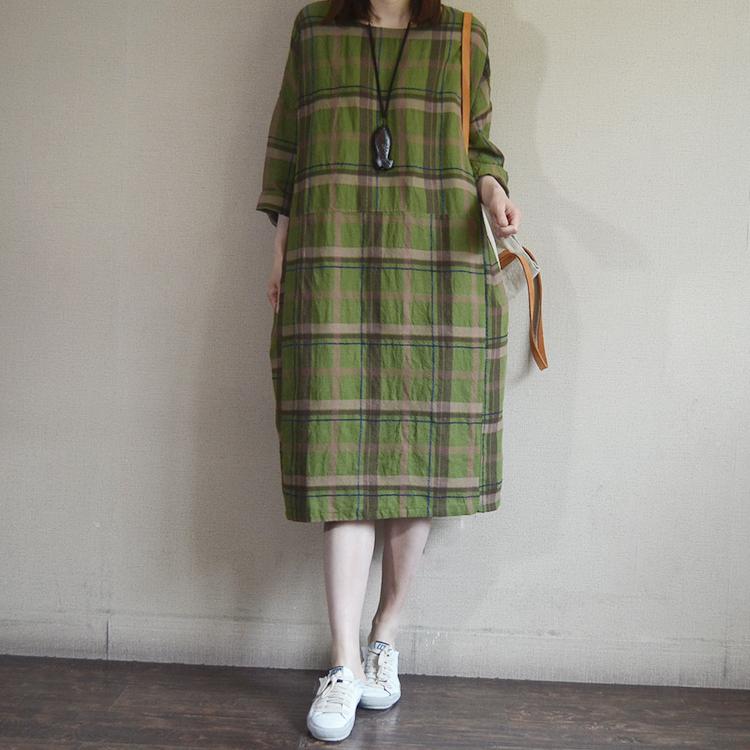 Vintage Plaid Round Neck Cotton Linen Dress