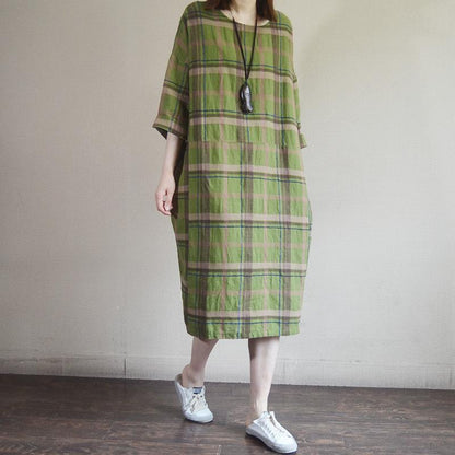 Vintage Plaid Round Neck Cotton Linen Dress