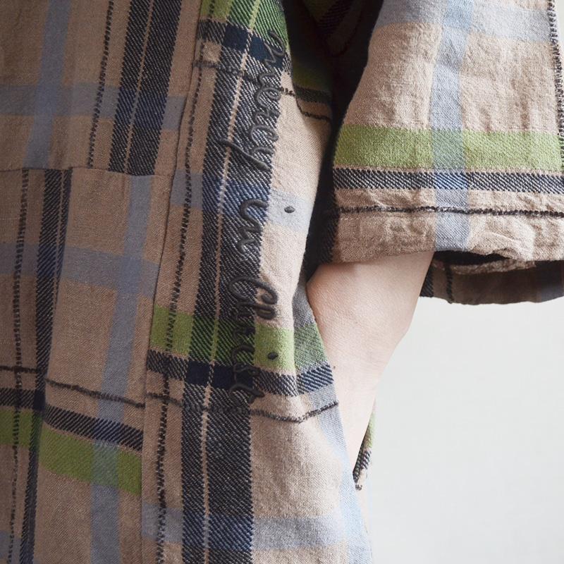 Vintage Plaid Round Neck Cotton Linen Dress