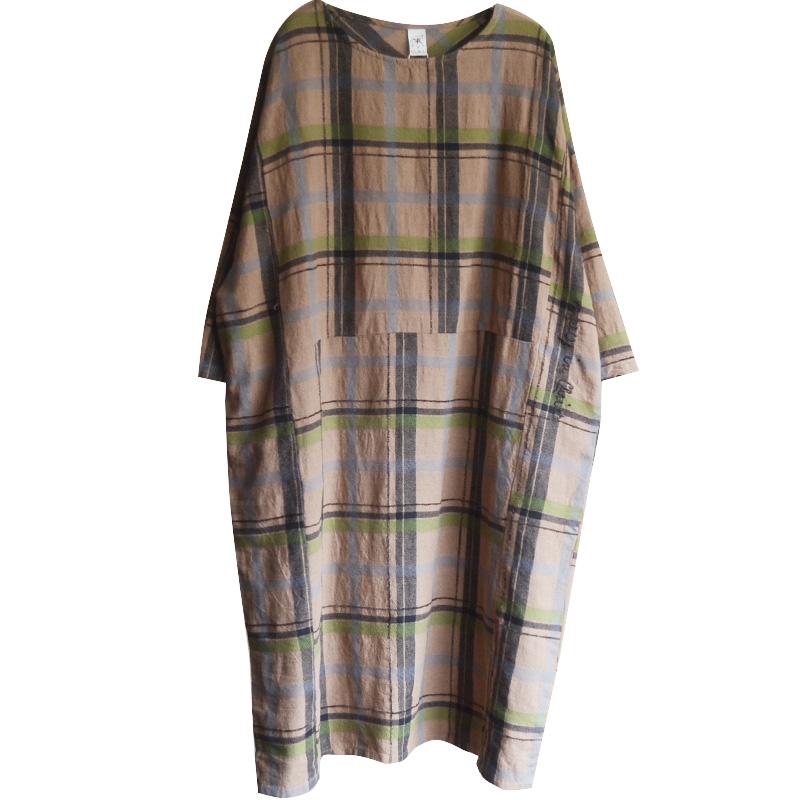 Vintage Plaid Round Neck Cotton Linen Dress