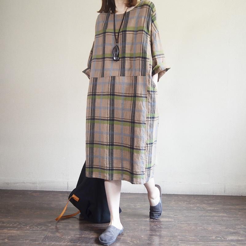 Vintage Plaid Round Neck Cotton Linen Dress