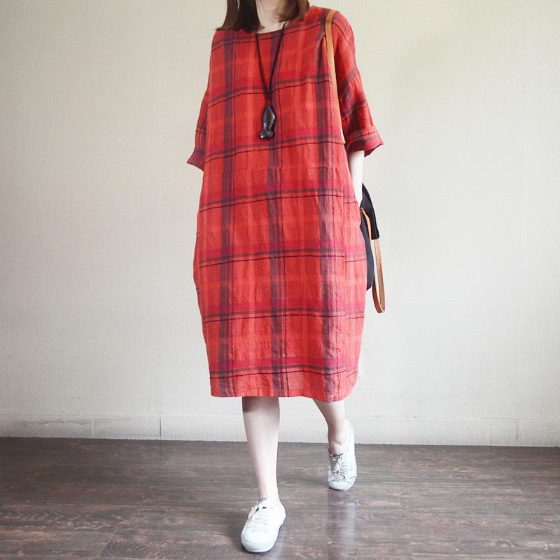 Vintage Plaid Round Neck Cotton Linen Dress