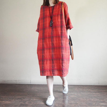 Vintage Plaid Round Neck Cotton Linen Dress