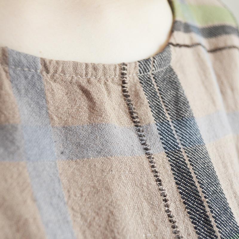 Vintage Plaid Round Neck Cotton Linen Dress