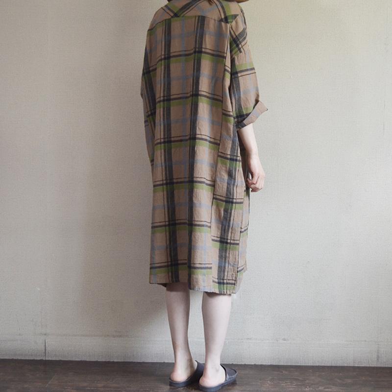 Vintage Plaid Round Neck Cotton Linen Dress