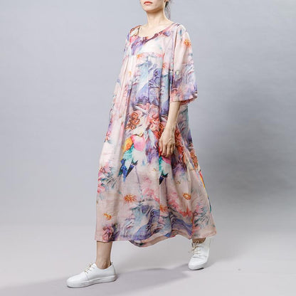 Vintage Print Floral Round Neck Short Sleeve Dress