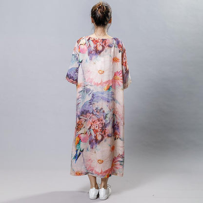 Vintage Print Floral Round Neck Short Sleeve Dress