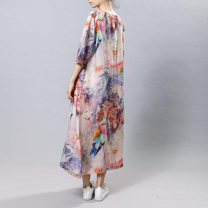 Vintage Print Floral Round Neck Short Sleeve Dress