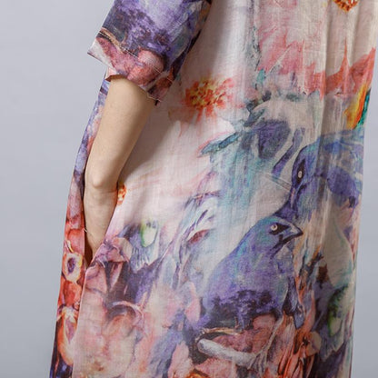 Vintage Print Floral Round Neck Short Sleeve Dress