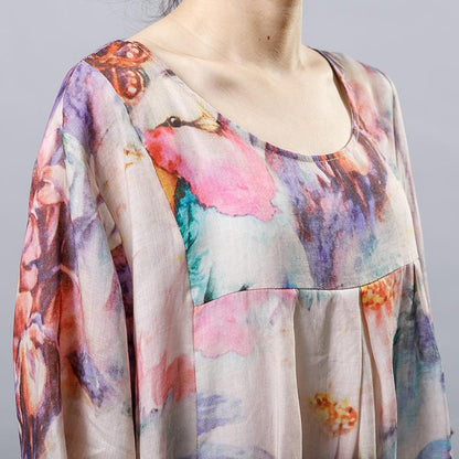 Vintage Print Floral Round Neck Short Sleeve Dress