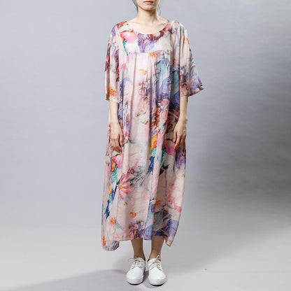 Vintage Print Floral Round Neck Short Sleeve Dress