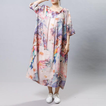 Vintage Print Floral Round Neck Short Sleeve Dress