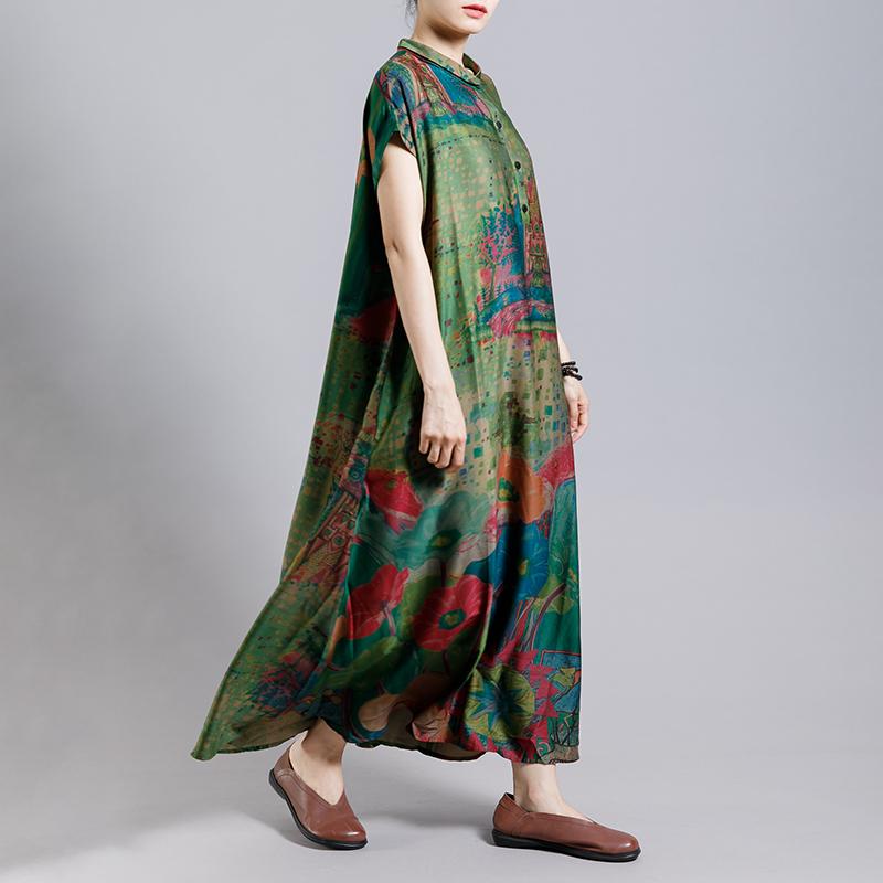 Vintage Print Floral Turn Down Collar Dress