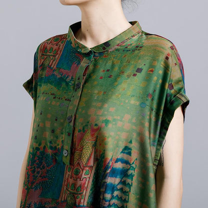Vintage Print Floral Turn Down Collar Dress