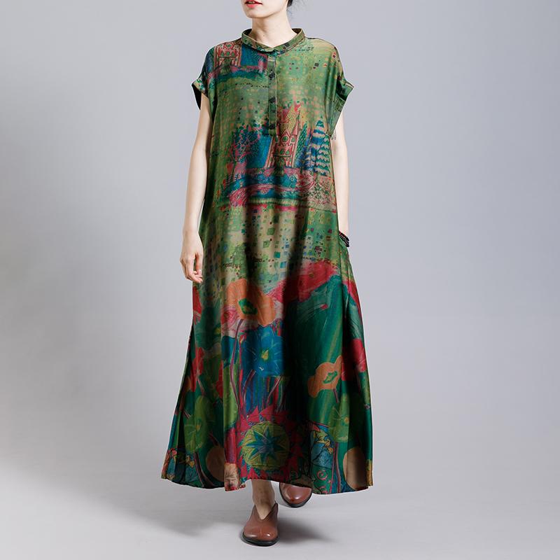 Vintage Print Floral Turn Down Collar Dress