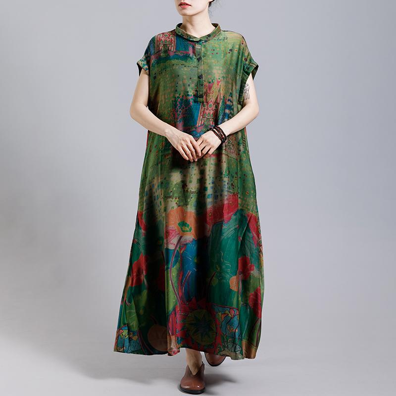 Vintage Print Floral Turn Down Collar Dress