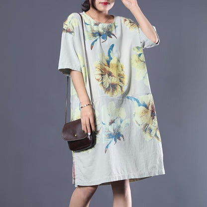 Vintage Print Flower Loose Midi Cotton Dress