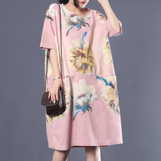 Vintage Print Flower Loose Midi Cotton Dress