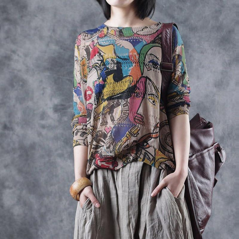 Vintage Print Hollow Out Long Sleeve T-shirt