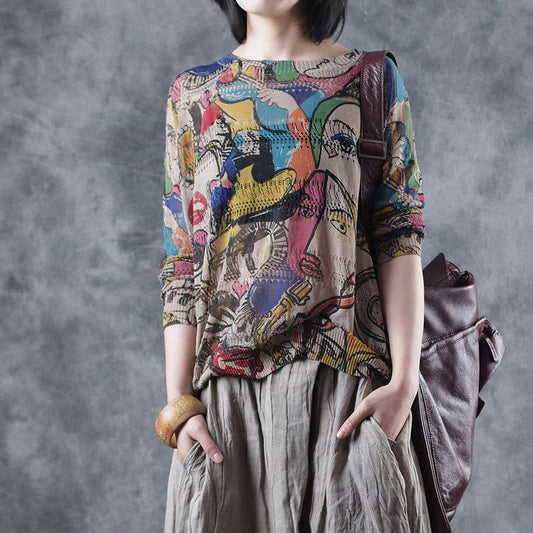 Vintage Print Hollow Out Long Sleeve T-shirt