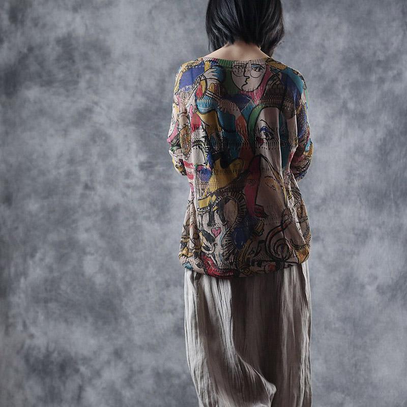 Vintage Print Hollow Out Long Sleeve T-shirt