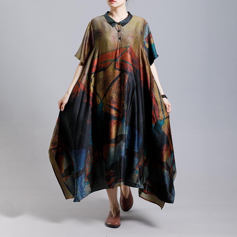 Vintage Print Short Sleeve Irregular Dress