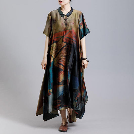 Vintage Print Short Sleeve Irregular Dress