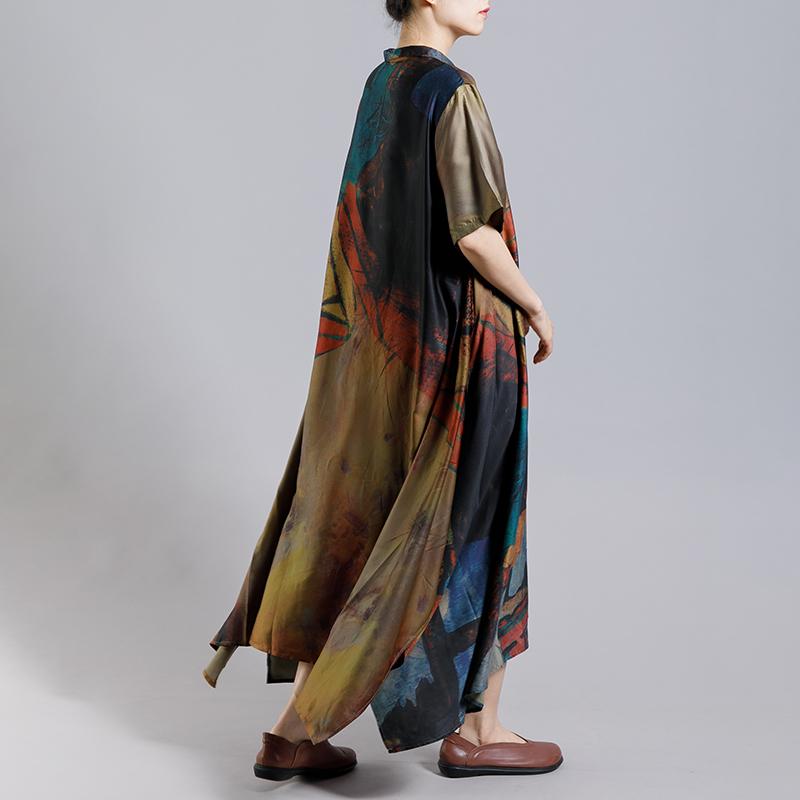 Vintage Print Short Sleeve Irregular Dress