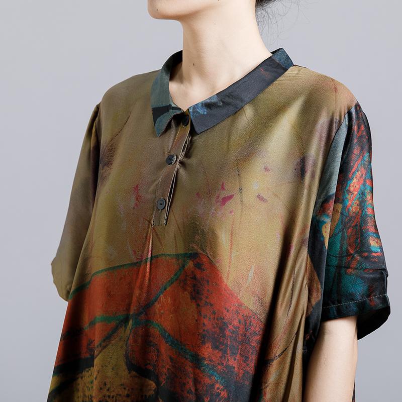 Vintage Print Short Sleeve Irregular Dress