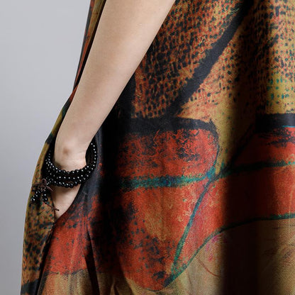 Vintage Print Short Sleeve Irregular Dress