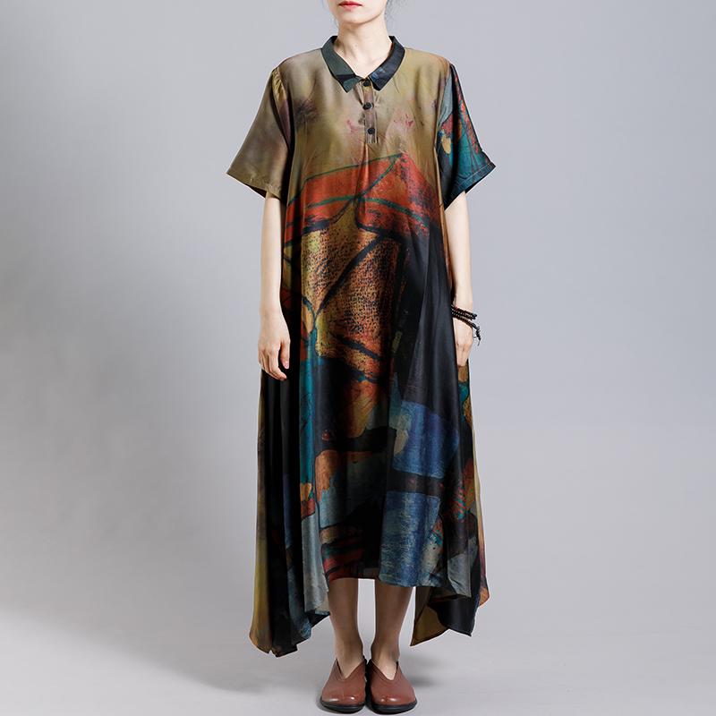 Vintage Print Short Sleeve Irregular Dress