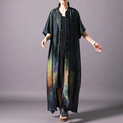 Vintage Print Stand Collar Short Sleeve Coat