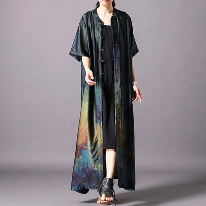 Vintage Print Stand Collar Short Sleeve Coat