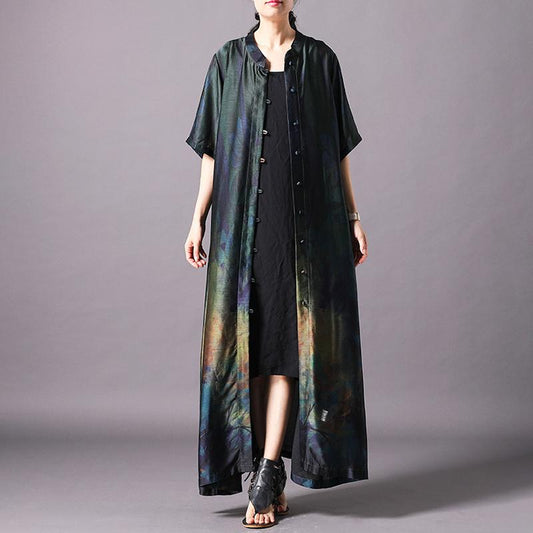 Vintage Print Stand Collar Short Sleeve Coat