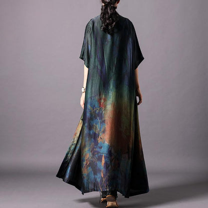 Vintage Print Stand Collar Short Sleeve Coat