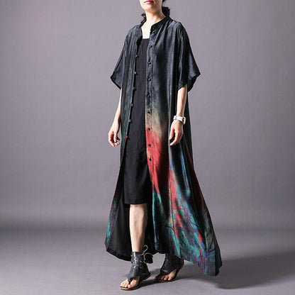 Vintage Print Stand Collar Short Sleeve Coat