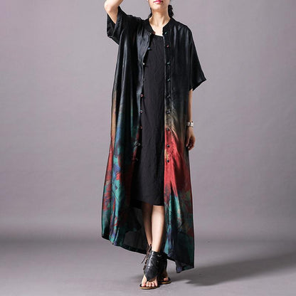 Vintage Print Stand Collar Short Sleeve Coat