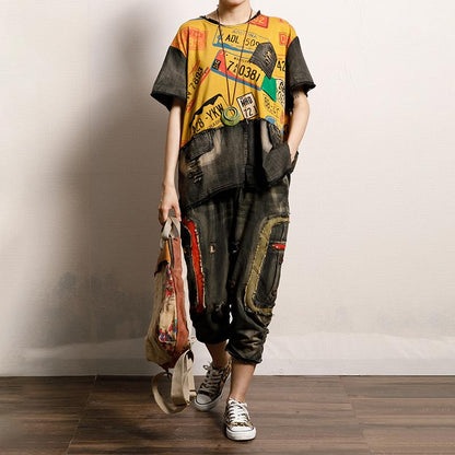Vintage Printed Spliced Frayed Burr T-Shirt