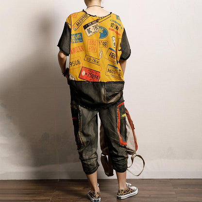 Vintage Printed Spliced Frayed Burr T-Shirt