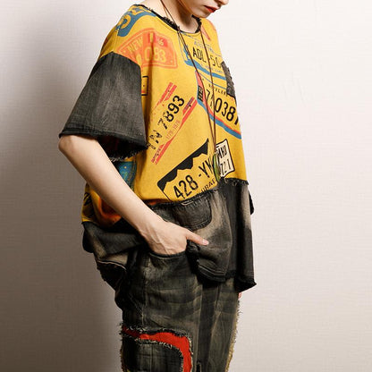 Vintage Printed Spliced Frayed Burr T-Shirt