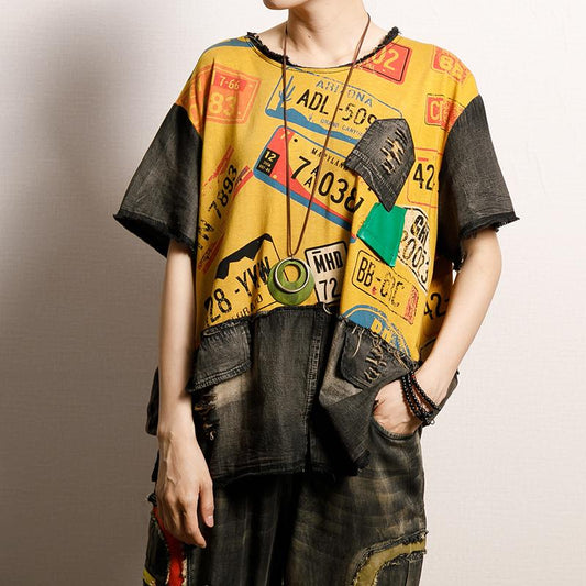 Vintage Printed Spliced Frayed Burr T-Shirt