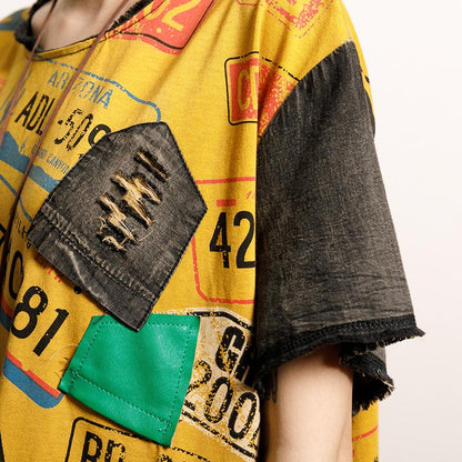 Vintage Printed Spliced Frayed Burr T-Shirt